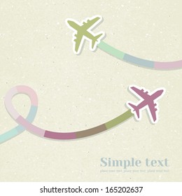 Card with two planes and colored trace of them. Vector background with place for text.