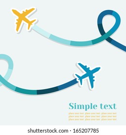 Card with two planes and colored trace of them. Vector background with place for text.