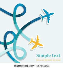 Card with two planes and colored trace of them. Vector background with place for text.