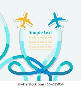 Card with two planes and colored trace of them. Vector background with place for text.