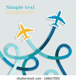 Card with two planes and colored trace of them. Vector background with place for text.
