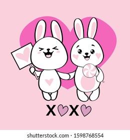 Card with two romantic bunny and a pink heart on a pink background. Valentines Day Greeting Card