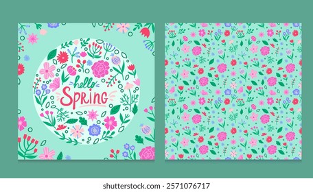 Card two sides on the theme of spring, floral with lettering hello spring. For print, printing, flyers, banners and others