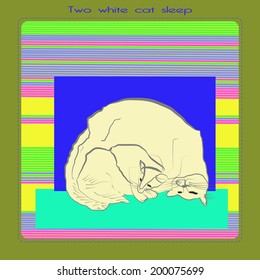 Card with two white cat sleeps on  a striped colored background.
