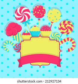 Card types with various sweets, lollipop, ice cream. Labels to enter text. Copy space. Candy card