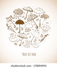 Card with umbrellas, rain clouds and other autumn objects in vintage style. 
