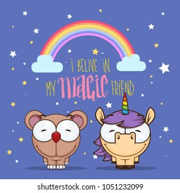 Card with unicorn and bear characters. Vector illustration.