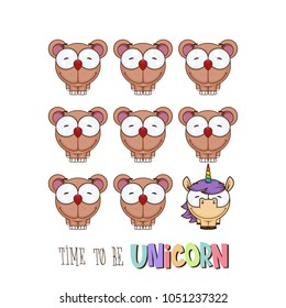 Card with unicorn and bear characters. Vector illustration.