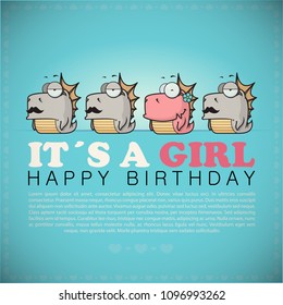 Card with unicorn character. Vector illustration.