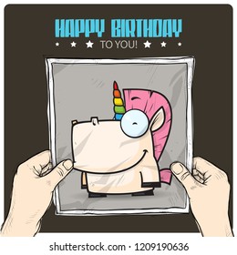 Card with unicorn character. Vector illustration.