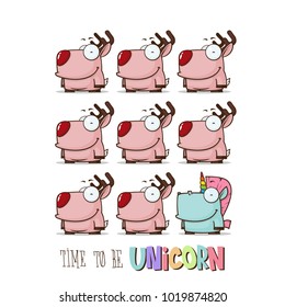 Card with unicorn and deer characters. Vector illustration.