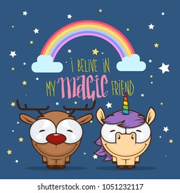 Card with unicorn and deer characters. Vector illustration.