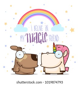 Card with unicorn and dog characters. Vector illustration.