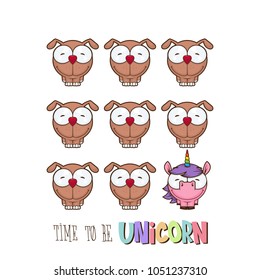 Card with unicorn and dog characters. Vector illustration.