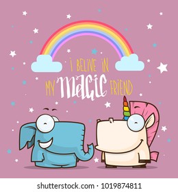 Card with unicorn and elehant characters. Vector illustration.