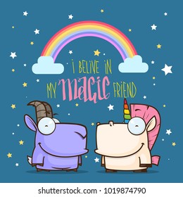 Card with unicorn and goat characters. Vector illustration.