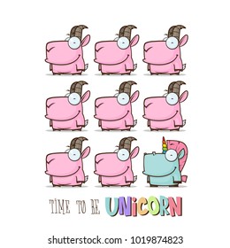 Card with unicorn and goat characters. Vector illustration.