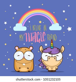 Card with unicorn and hamster characters. Vector illustration.