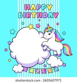 Card with unicorn. Happy birthday party invitation.