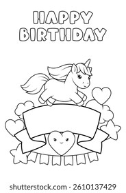 Card with unicorn. Happy birthday party invitation.