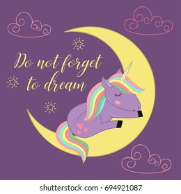 card with unicorn on the moon  - vector illustration, eps