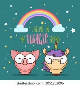 Card with unicorn and pig characters. Vector illustration.