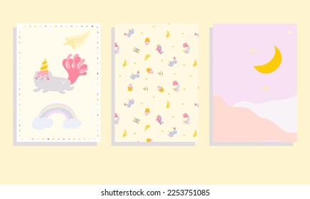 card with unicorn-cat, landscape, vector set