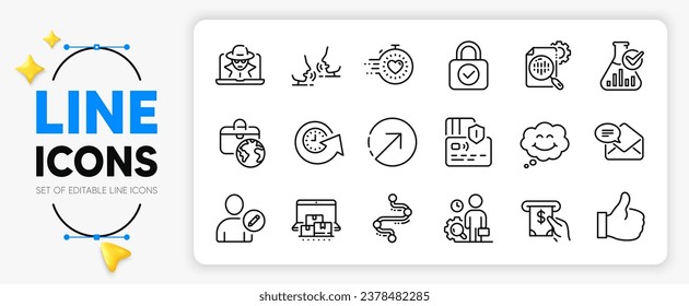 Los iconos de línea de tarjetas, tiempo de actualización y Seo de la aplicación incluyen Like, Atm service, Security lock contorno thin icon. Fraude, Editar usuario, Icono del pictograma de charla. Línea de tiempo, dirección, sonrisa. Vector