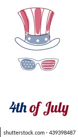 Card for USA Independence Day or other national holiday of America. 4th of July. Uncle sam hat and glasses in color of american flag.