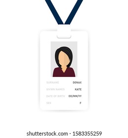 Card users information. Badge women`s on neck on white background. Vector illustration.