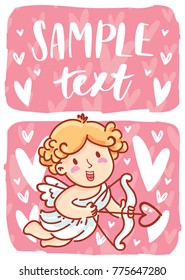 Card for Valentine Day with cute Cupid character and place for your text. Pink hand drawn romantic love illustration art with hearts in cartoon, doodle style for print, greeting card, banner