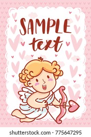 Card for Valentine Day with cute Cupid Amur character and place for your text. Pink hand drawn romantic love illustration art with hearts in cartoon, doodle style for print, greeting card, banner