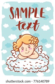 Card for Valentine Day with cute Cupid character and place for your text. Pink hand drawn romantic love illustration art with hearts in cartoon, doodle style for print, greeting card, banner