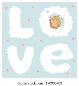 Card for valentine day with cute cupids in vector. Cupid peeking from behind the clouds