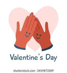Card for Valentine Day, pair of gloves hugging on heart shape. Cute smiling couple characters touching each other. Love relationship. Warm clothes. Postcard for the holiday. Color. Vector illustration