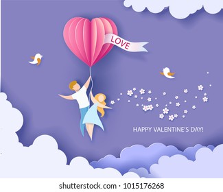 Card for Valentines day. Abstract background with couple flying with heart shaped airballoon. Vector illustration. Paper cut and craft style.