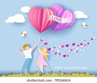 Card for Valentines day. Abstract background with couple, hearts shaped airballoon. Vector illustration. Paper cut and craft style.