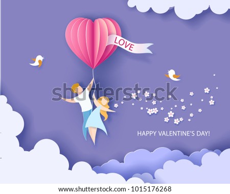 Card for Valentines day. Abstract background with couple flying with heart shaped airballoon. Vector illustration. Paper cut and craft style.