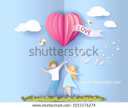 Card for Valentines day. Abstract background with couple, heart shaped airballoon. Vector illustration. Paper cut and craft style.