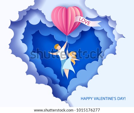 Card for Valentines day. Abstract background with couple flying with heart shaped airballoon. Vector illustration. Paper cut and craft style.