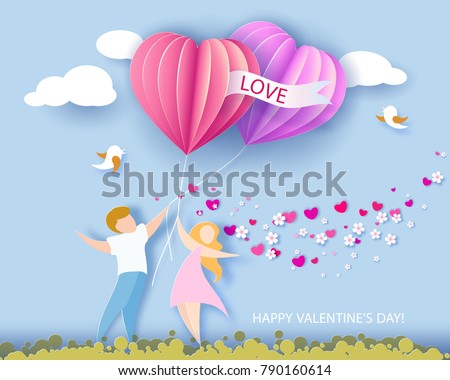 Card for Valentines day. Abstract background with couple, hearts shaped airballoon. Vector illustration. Paper cut and craft style.