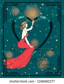 Card for valentine's day in art deco style witn  retro woman  drinking champagne, vector illustration