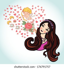Card for Valentine's Day with a beautiful girl.  Illustration for greeting cards, invitations, and other printing and web projects.