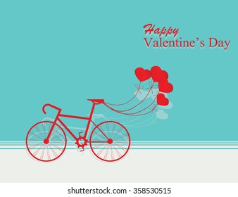 Card for Valentines day with bicycle and balloons heart shaped on blue background, vector illustration