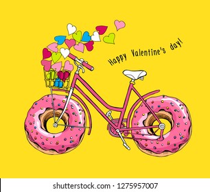 Card of a Valentine's Day. Bike with a pink doughnut wheels and with a bright hearts on a yellow background. Humor t-shirt composition, hand drawn style print. Vector illustration.