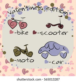 Card Valentine's day. Bike, scooter, moto and car on a pink heart background. Vector illustration.