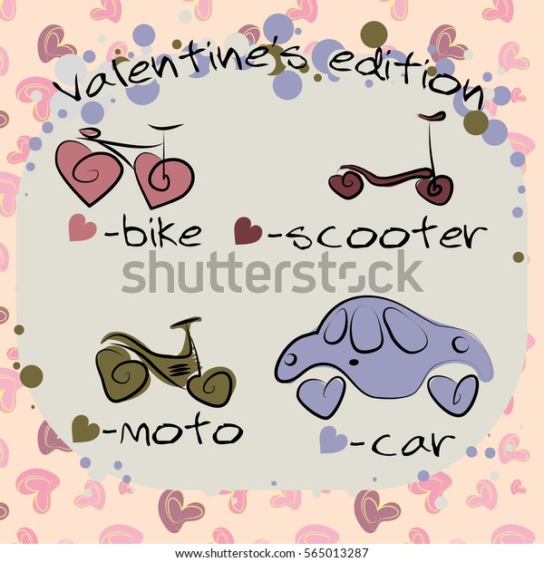 Card Valentine\'s day.\
Bike, scooter, moto and car on a pink heart background. Vector\
illustration.