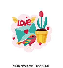 Card for Valentine's Day. Birds, flowers, love letter and hearts. Vector illustration in flat style.