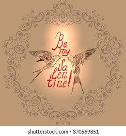 Card for Valentines day with birds and swirls