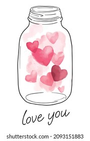 card for valentine's day, cartoon bottle with watercolour hearts inside